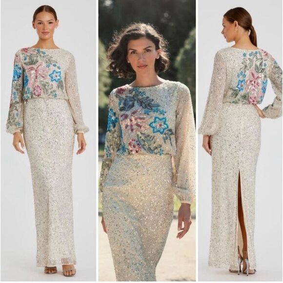 MAC DUGGAL Beige Embellished Floral High Neck Gown Size 8 - Picture 1 of 12